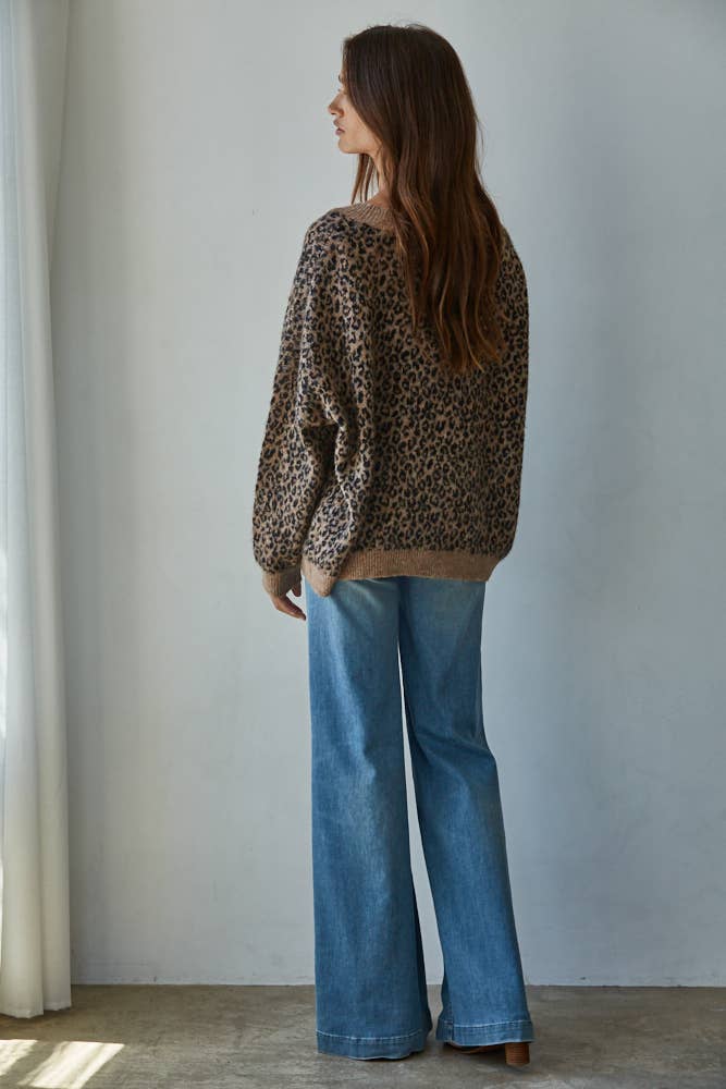 V-Neck Animal Print Cardigan: Mocha Black