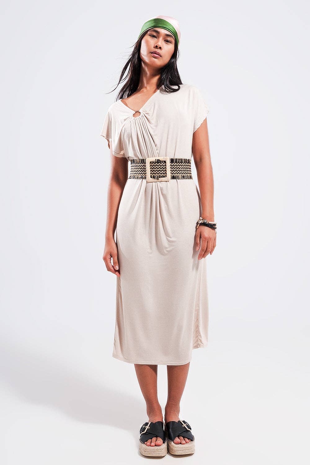 Ring midi dress in beige: Beige / One Size