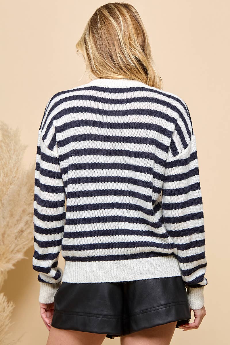 HEART STRIPE LONG SLEEVE SWEATER: Dark Navy