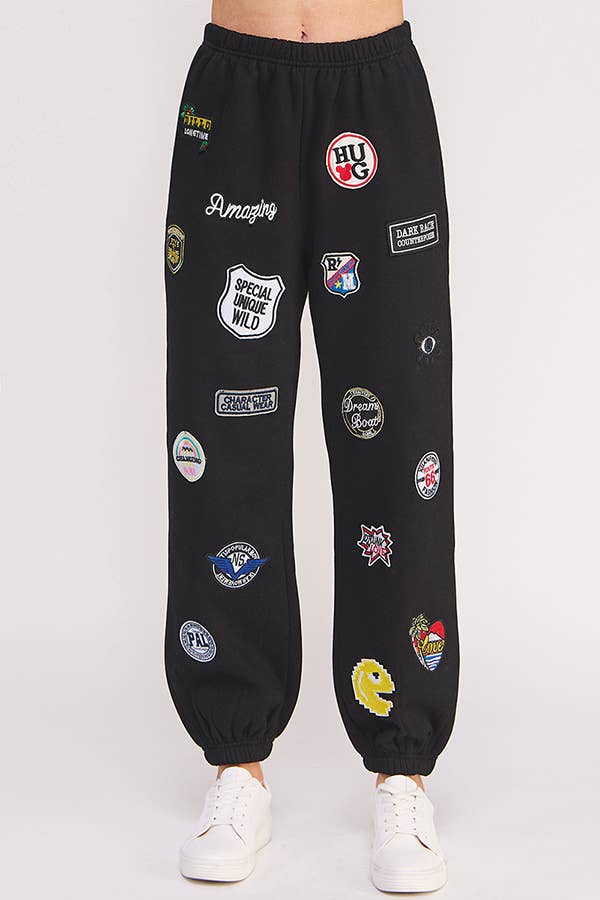 High waist Multi Patches Jogger Pants: Black