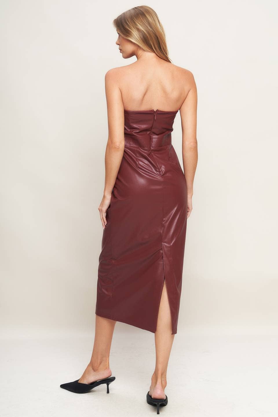 Burgundy fitted faux leather midi dress - ID22740: Burgundy