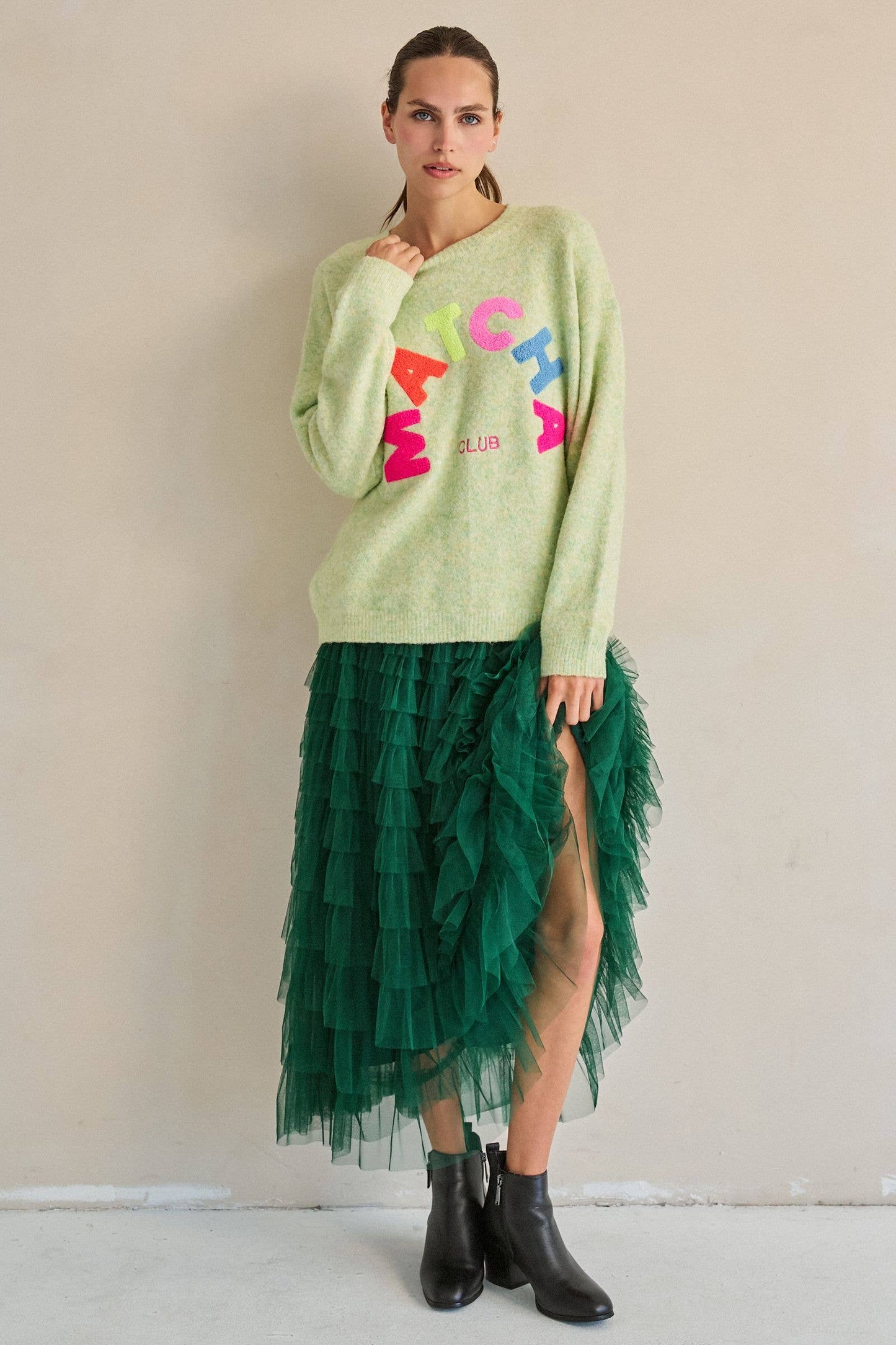 TIERED RUFFLE MESH MAXI SKIRT: GREEN