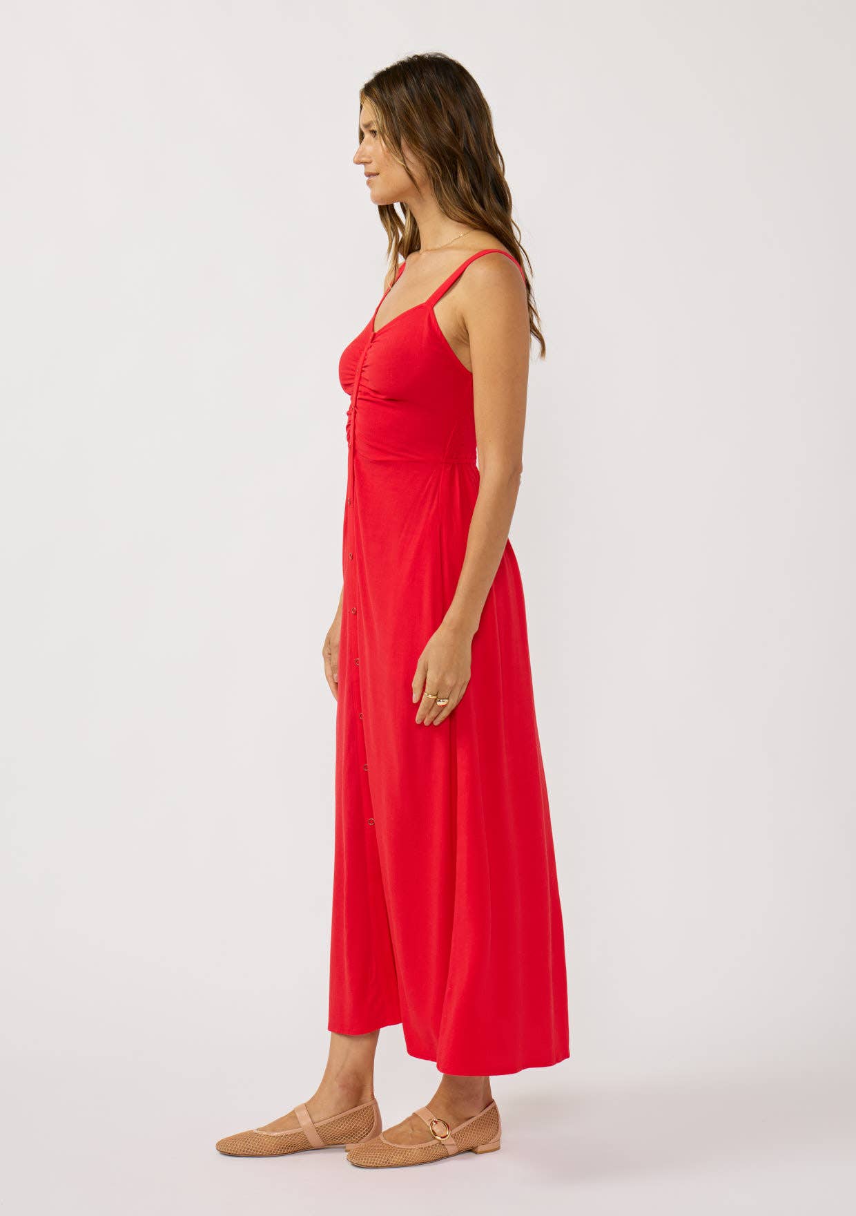 V-Neck Ruched Button Down Maxi Dress: Tomato