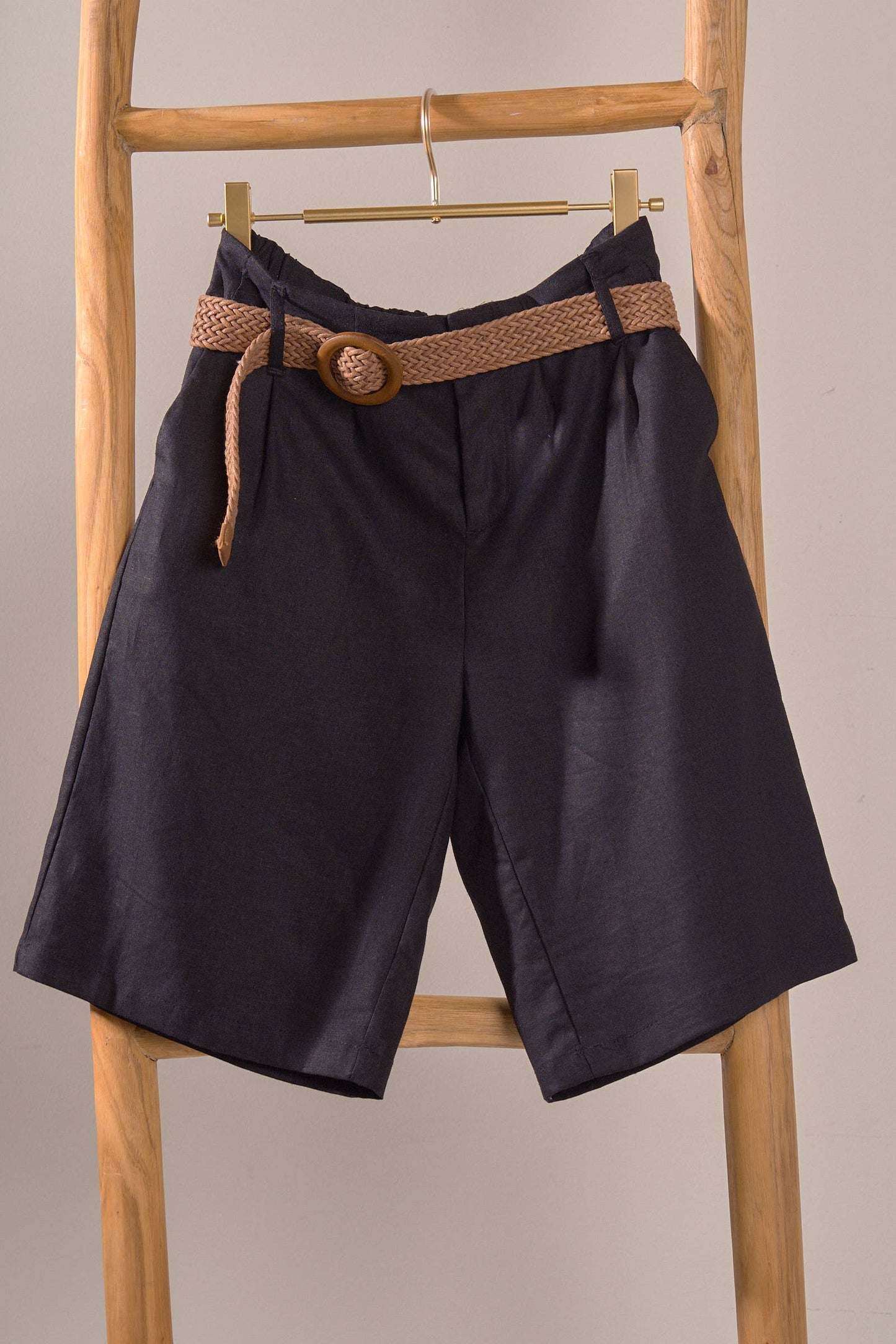Linen Blend Belted Bermuda Shorts: Black