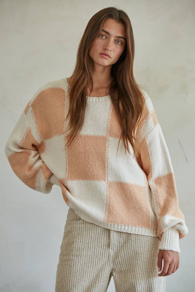 Gingham Print Long Sleeve Pullover: Cream/Peach