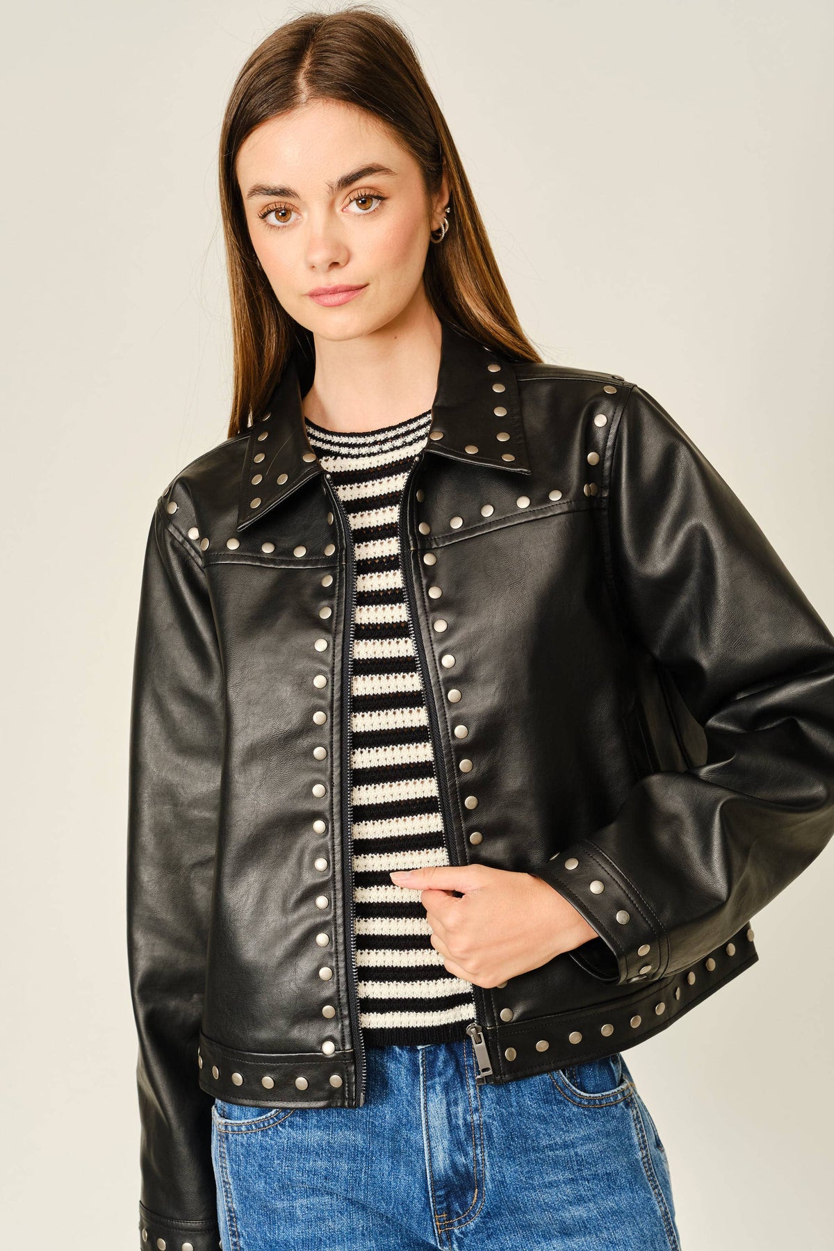 STUDDED VEGAN LEATHER JACKET: BLACK