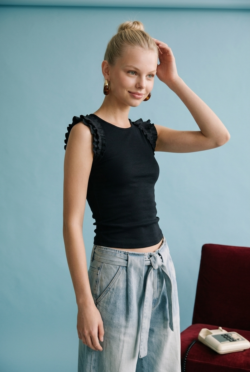 Ruffle Trim Sleeveless Knit Top: Black