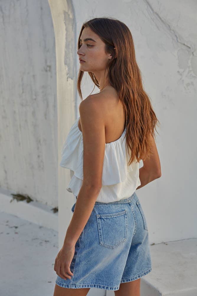 One Shoulder Layered Sleeveless Ruffle Top: Ivory