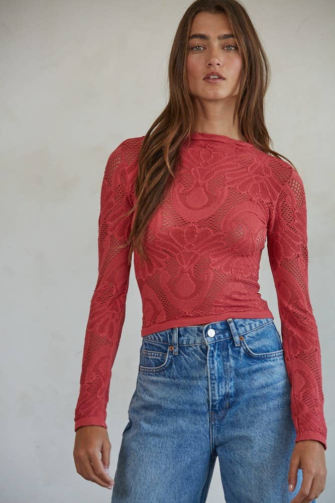 Jacquard Mock Neck Long Sleeve Top: Crimson