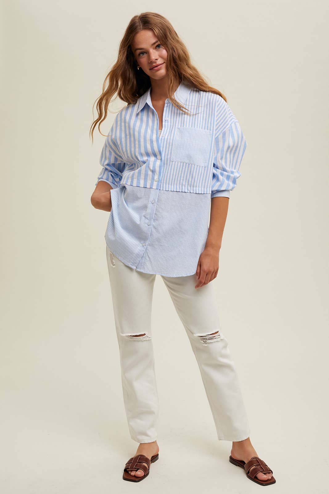 MULTI-STRIPED BUTTON UP SHIRT / WL24-8934: BLUE/WHITE