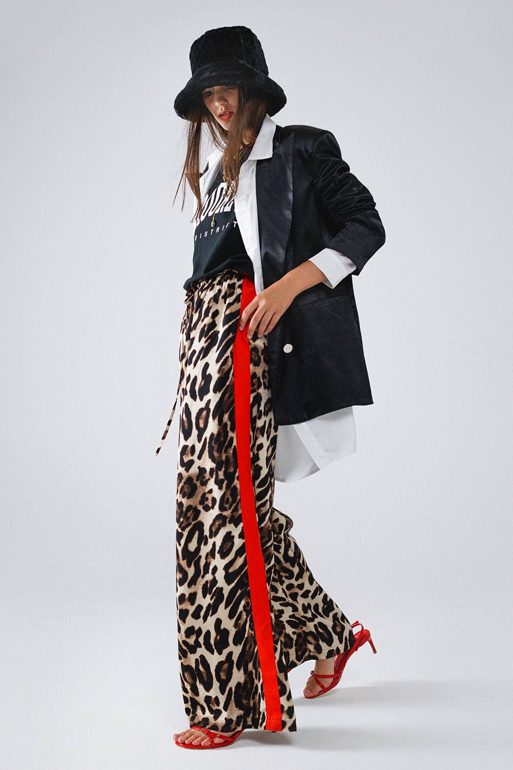 Leopard Straight Pants With Red Stripes Down The Sides: Brown