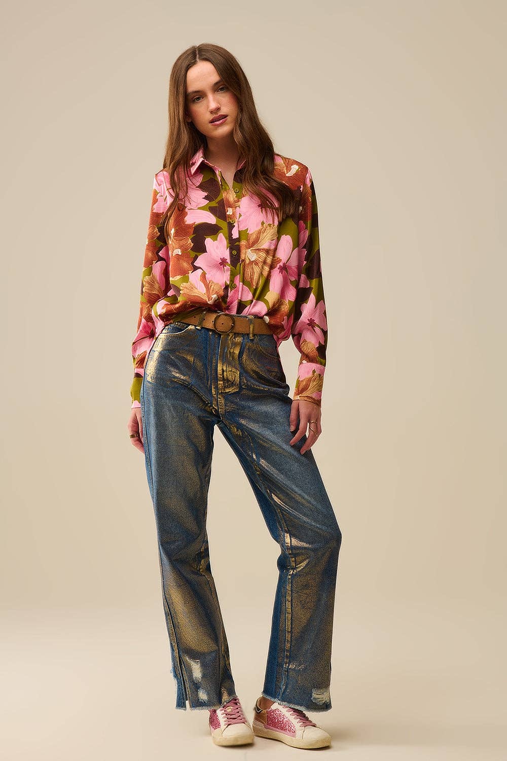 Satin Finish Tropical Floral Shirt in Olive Green: GREEN / L
