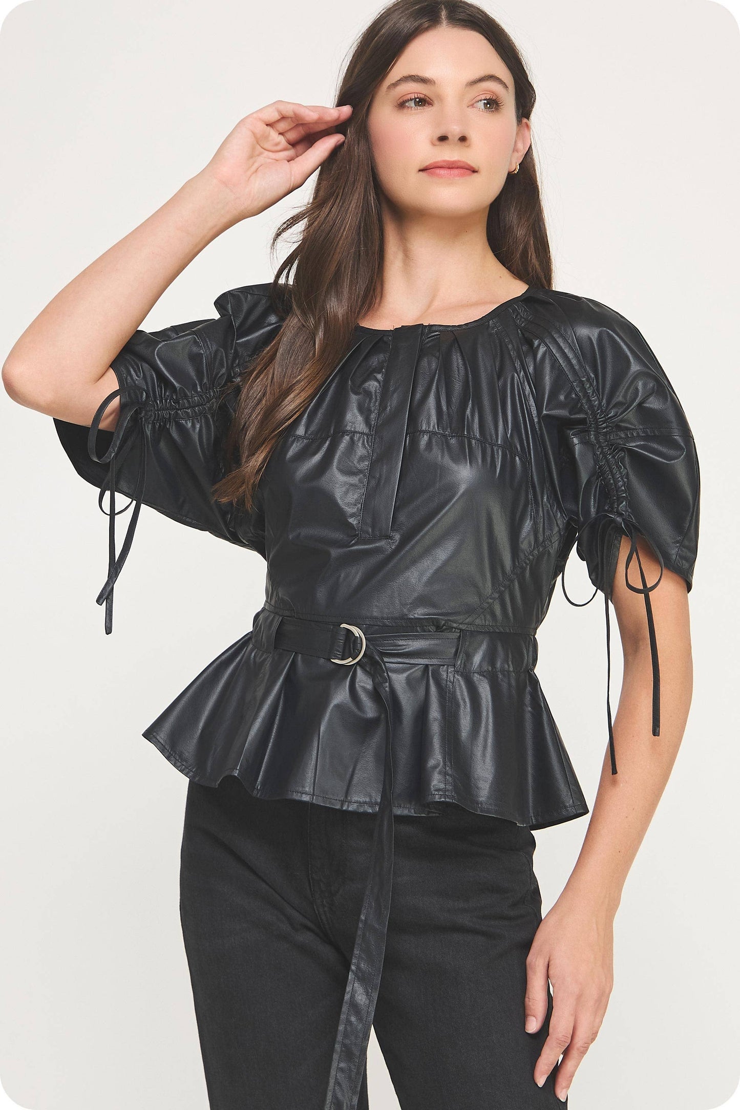Waist Belt Pleated Faux Leather Top: Black