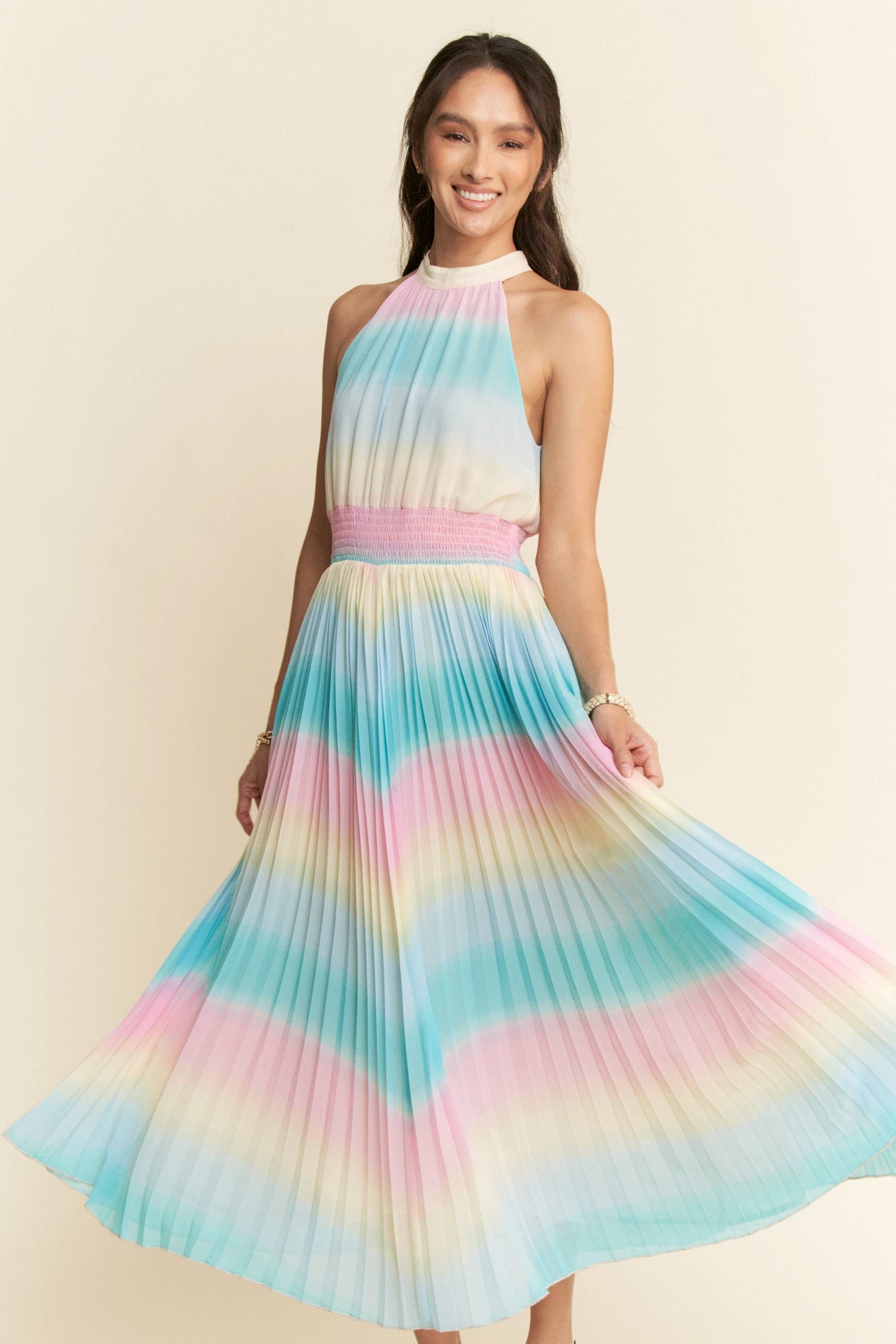 OMBRE STRIPED FULL LINED MAXI DRESS: Rainbow Combo