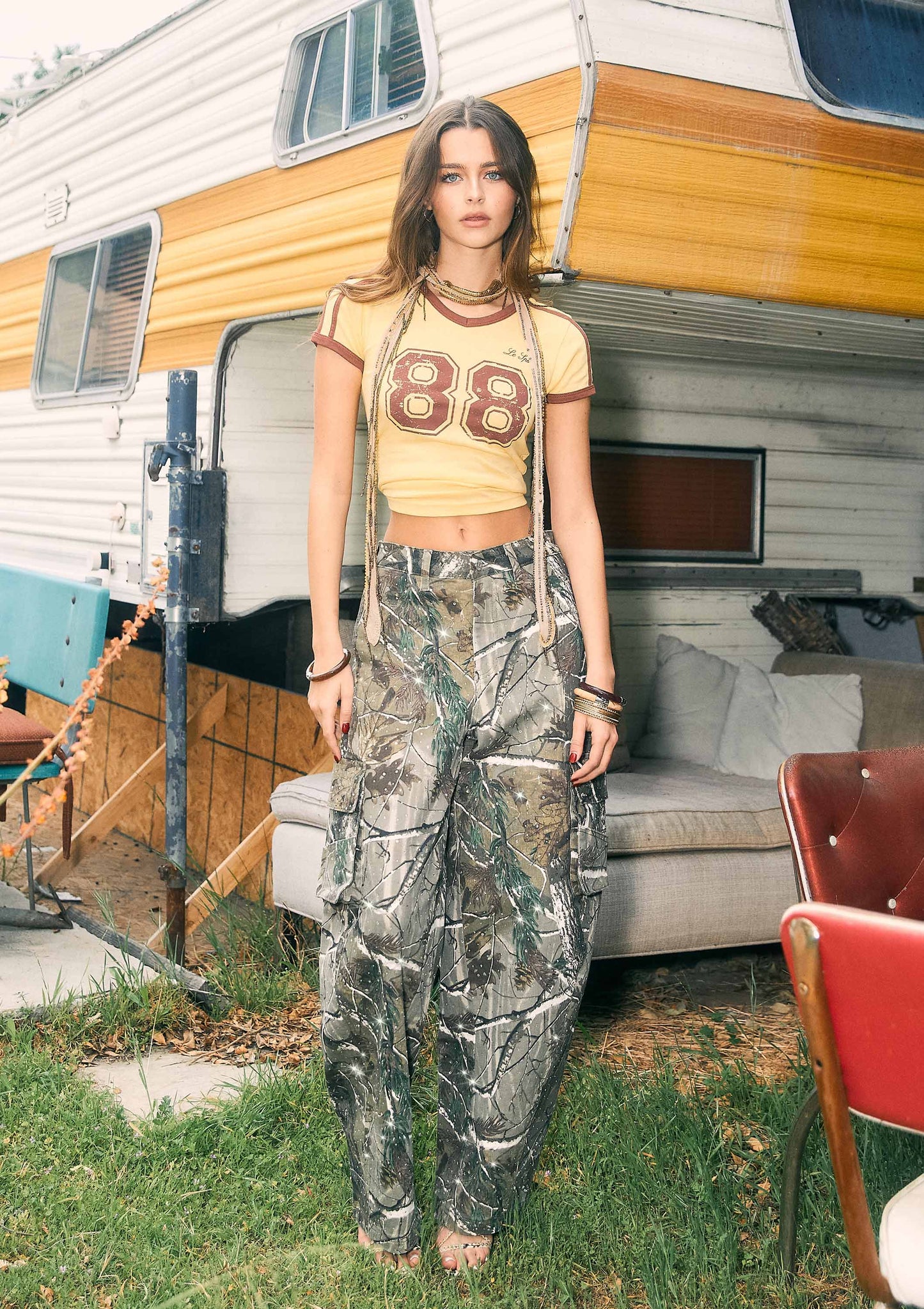 Rhinestone Camo Print Baggy Barrel Jeans: Camo