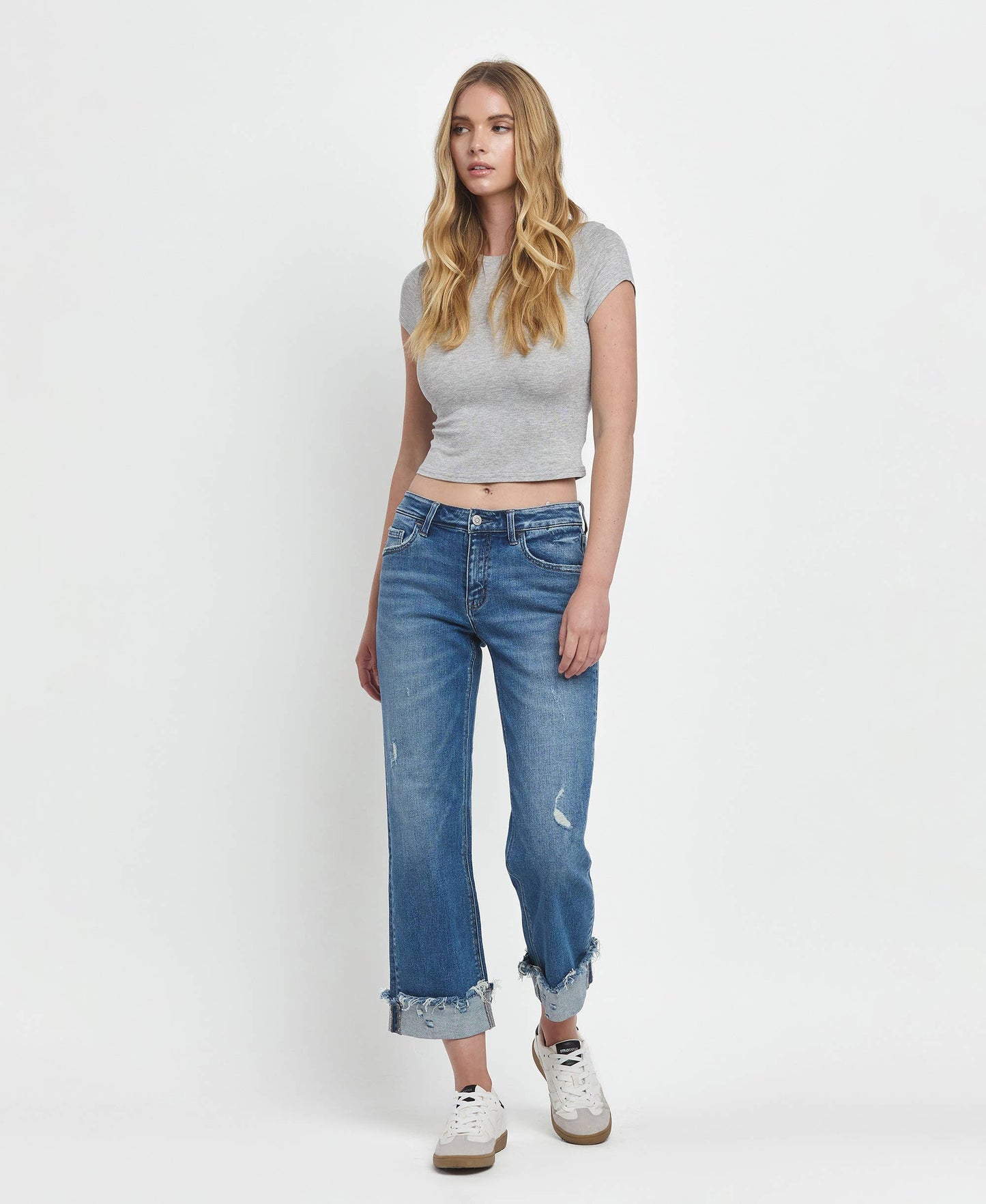 Flying Monkey - Four Season Mid Rise Raw Cuffed Hem Slim Wide Leg Jeans