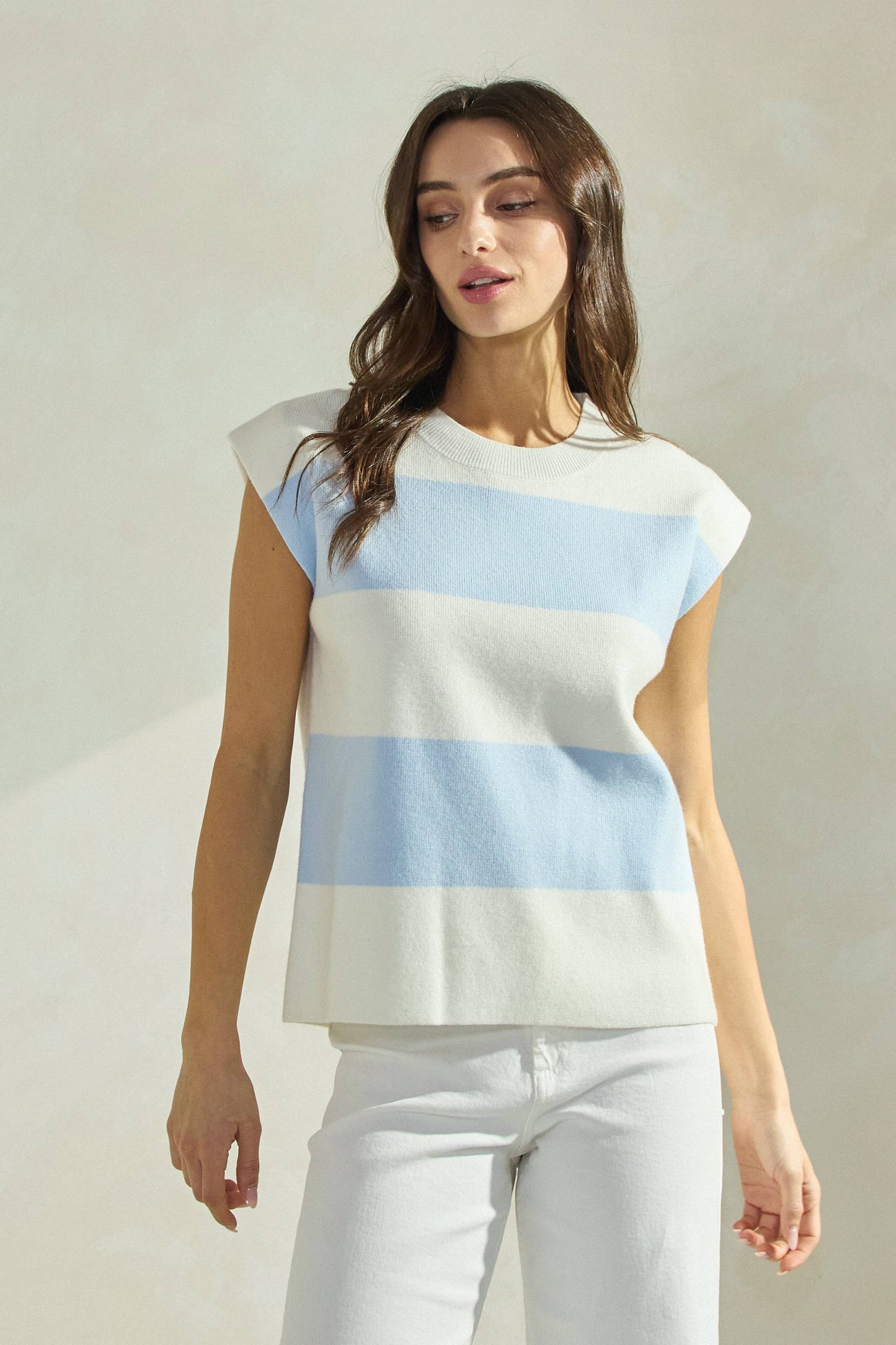 Striped Sleeveless Knit Top: IVORY/SKY