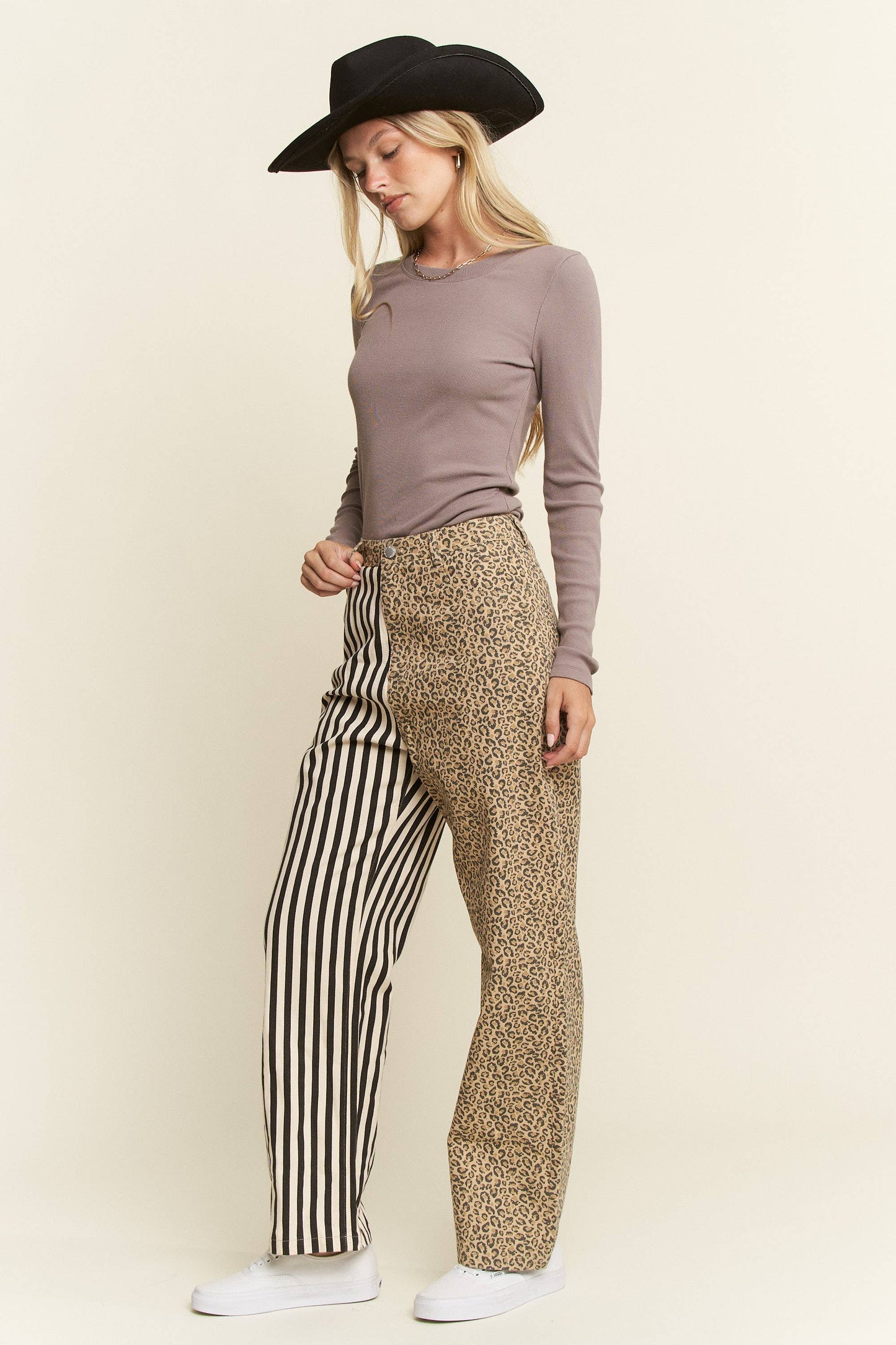 MIX & MATCH LEOPARD-STRIPE PANTS: Brown