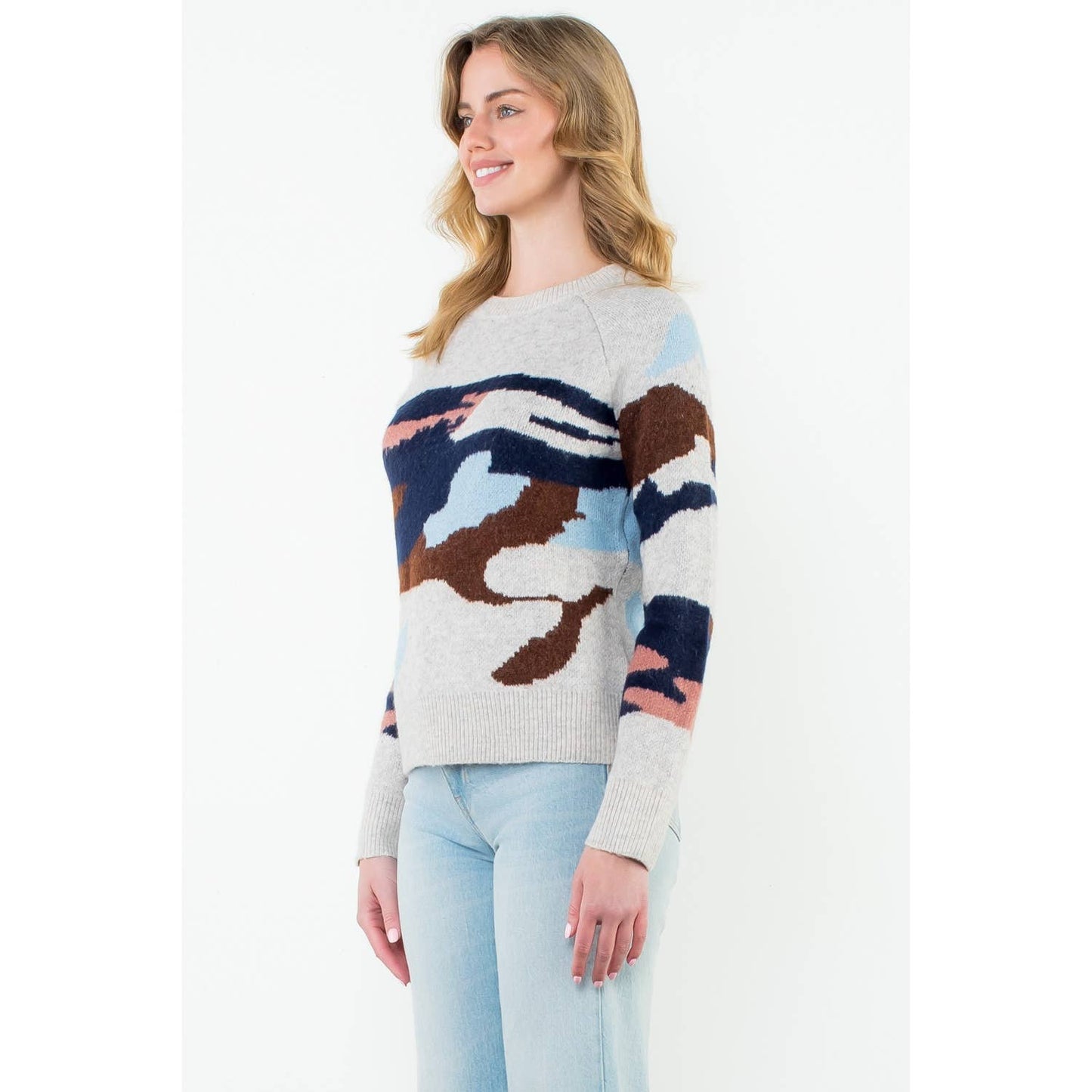 Camo Knit Crewneck: BEIGE
