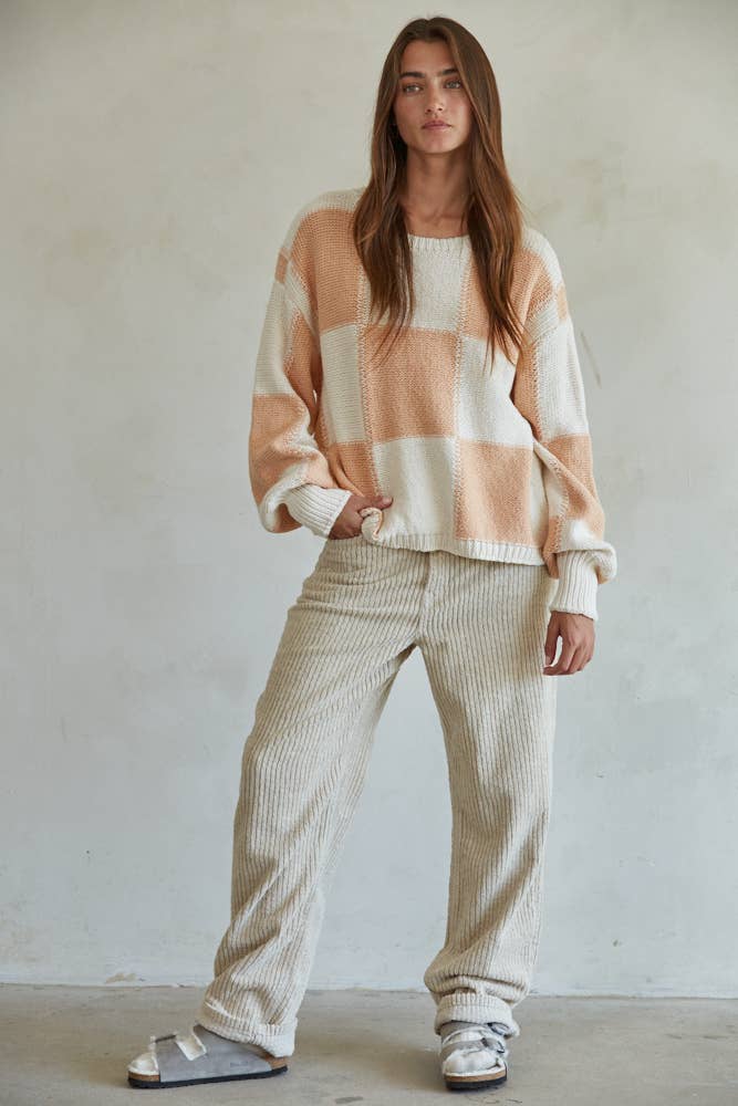 Gingham Print Long Sleeve Pullover: Cream/Peach