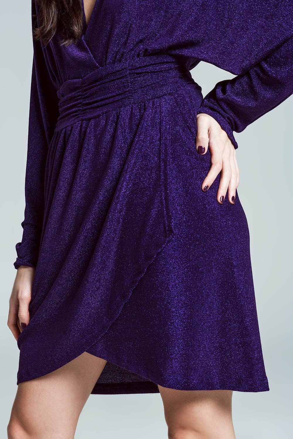 Mini length glitter dress with deep V neck in purple: Purple / Large