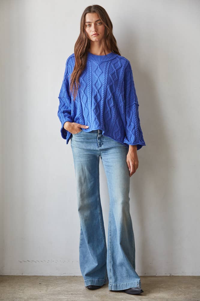 W2280 | Knit Cable Sweater Cotton 3/4 Sleeve Pullover: Cobalt Blue