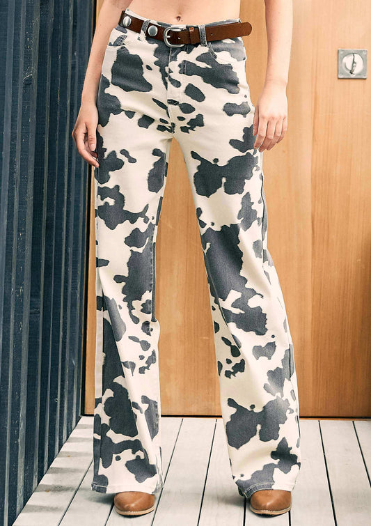 Cow Print Wide Leg Jeans: Cow