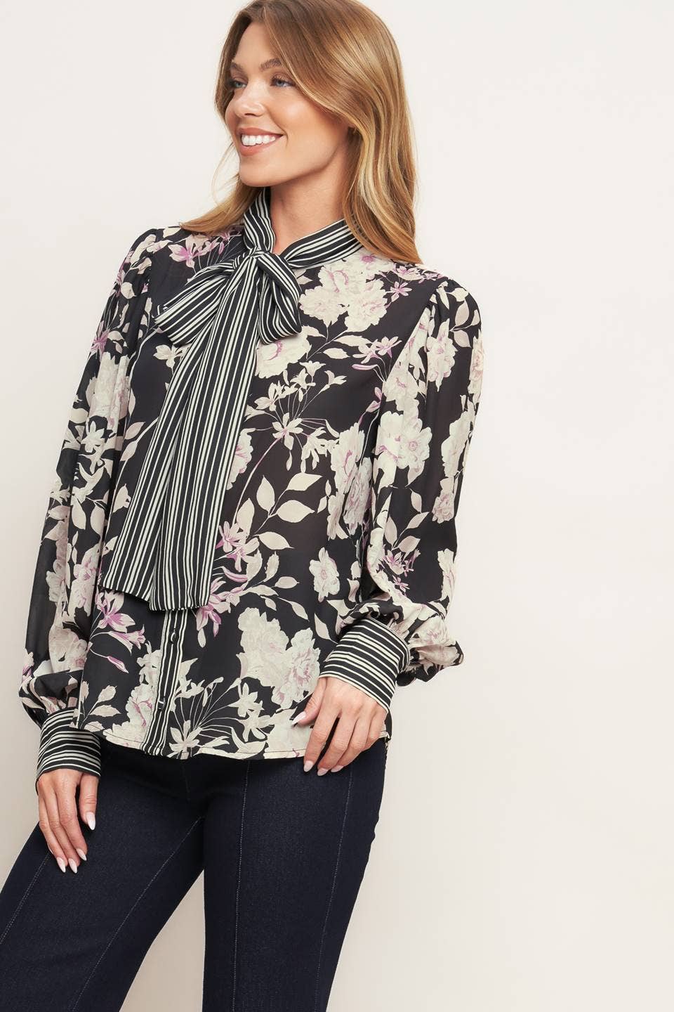 Black/white floral/striped blouse - IT13860:
