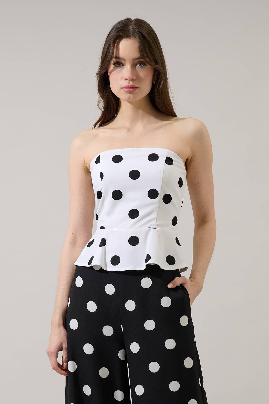 Randal Polka Dot Peplum Strapless Top: WHT-BLACK