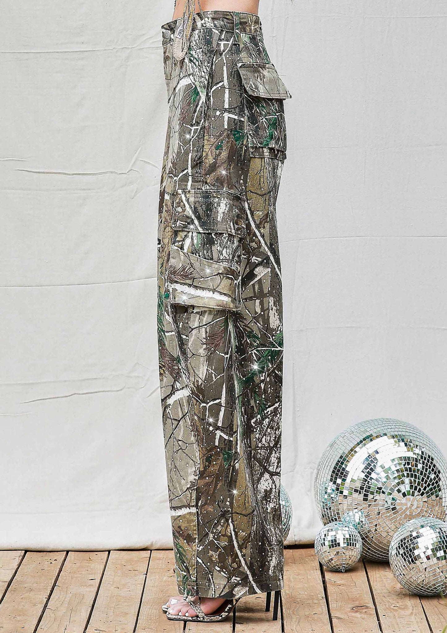 Rhinestone Camo Print Baggy Barrel Jeans: Camo