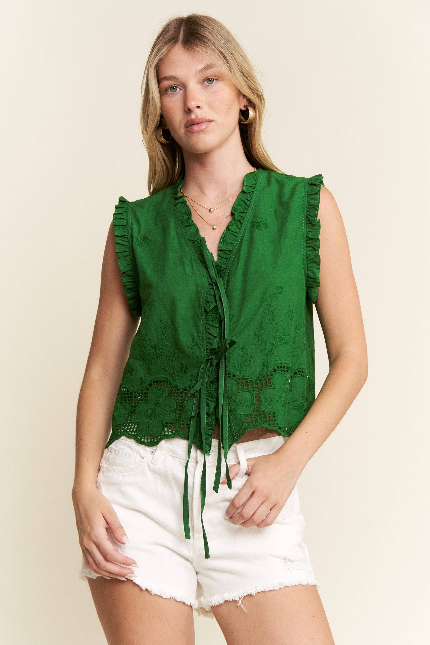 SLEEVELESS RUFFLE FRONT TIE TOP: Green