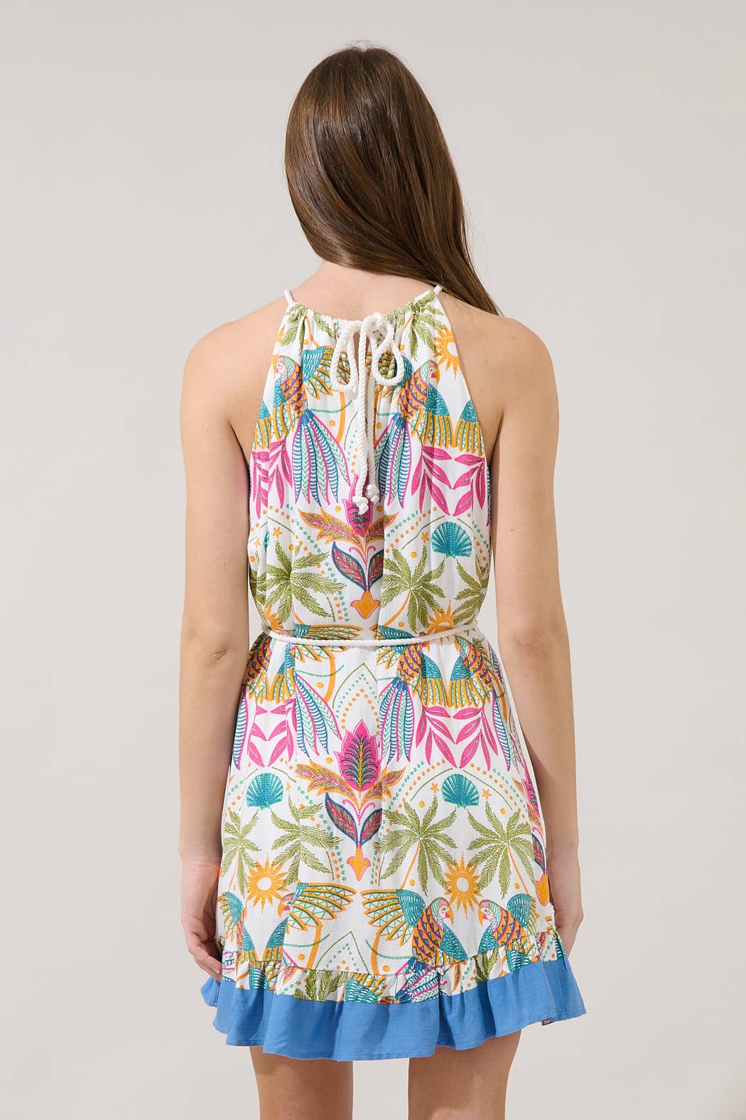Malena Halter Ruffle Mini Dress Tropical: Multi