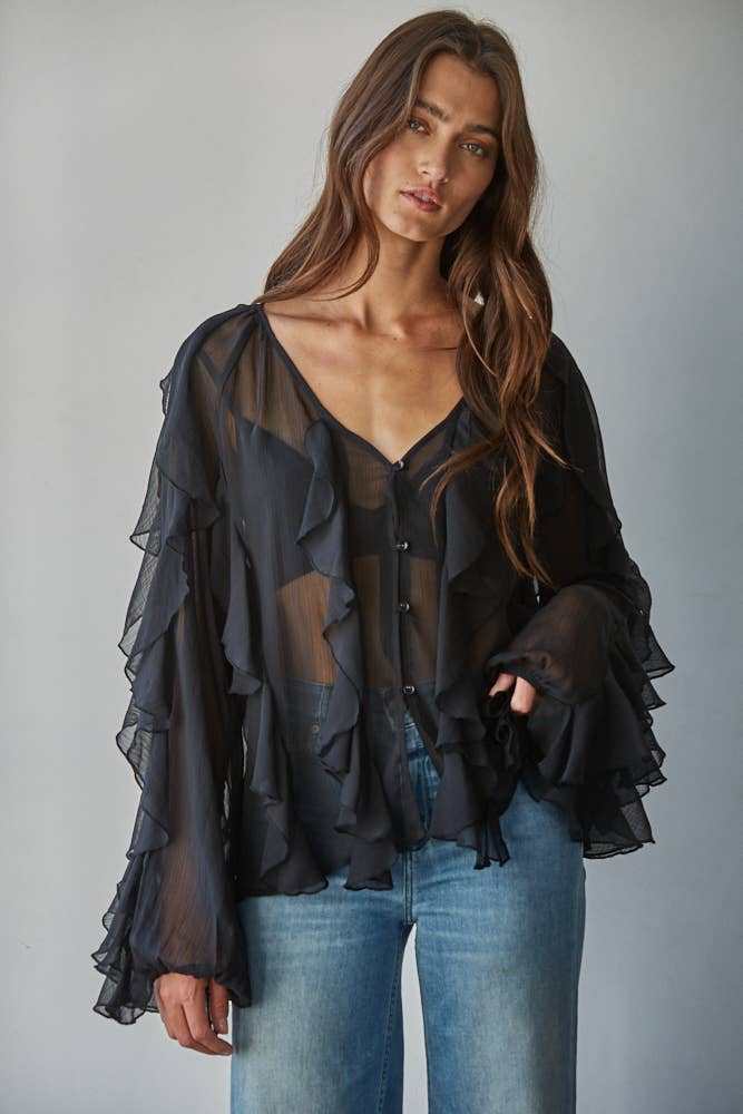 Ruffled V-Neck Button Down Top: Black