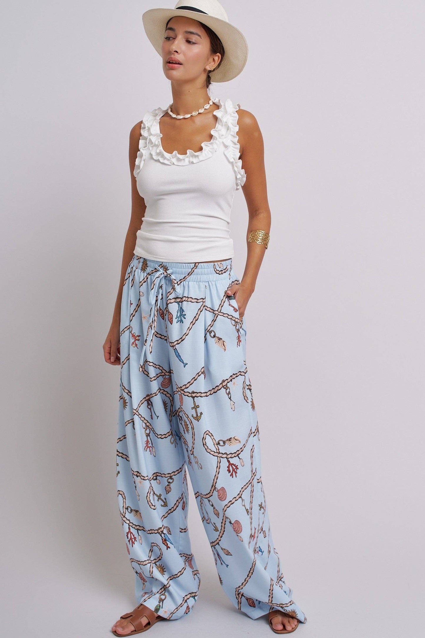 Rope Print Wide Leg Maxi Pants With Drawstring: Blue