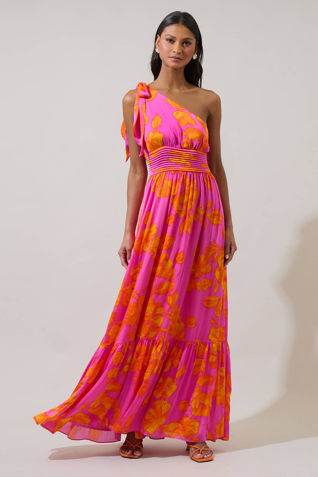 Pacey Floral Bayou One Shoulder Maxi Dress: NeonOrange/Pink