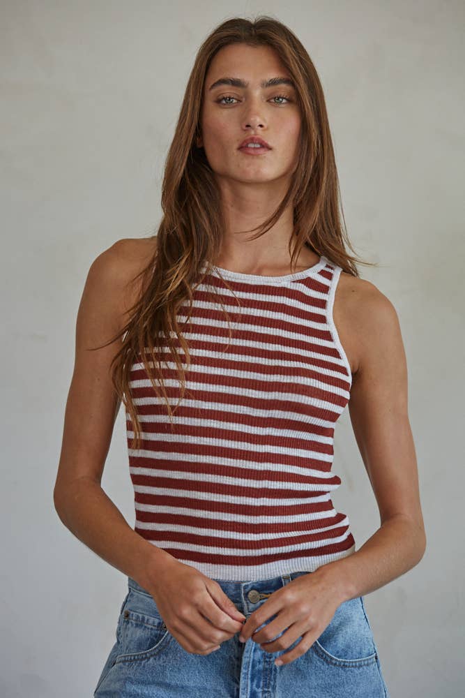 Ribbed Knit Striped Tank : Rust White
