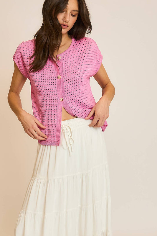 OPEN-KNIT BUTTON-UP SWEATER TOP / WL24-9580: PUNCH