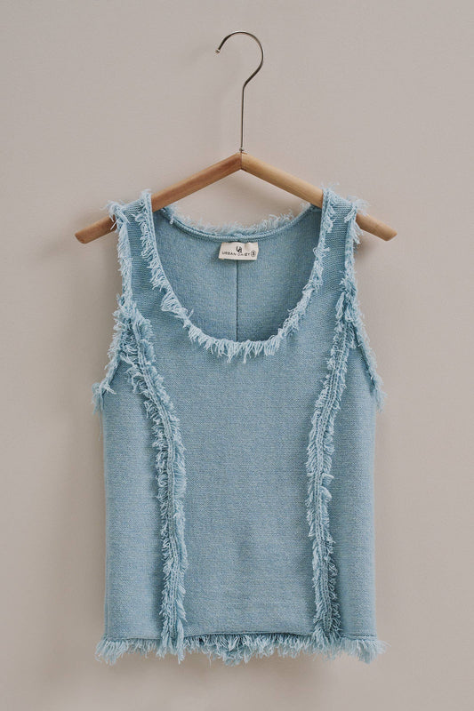 Frayed Trim Textured Knit Sleeveless Top: Blue