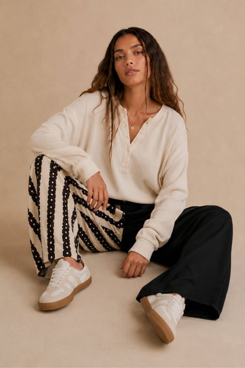 MIX STRIPE & SOLID WIDE LEG PANTS: Black