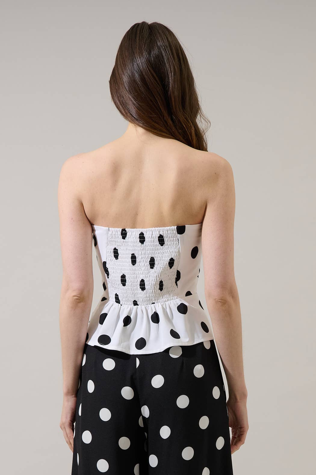 Randal Polka Dot Peplum Strapless Top: WHT-BLACK