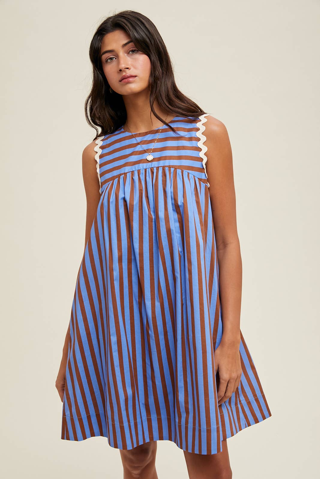 RIC RAC DETAIL STRIPED MINI DRESS / WL24-9870: BLUE/ESPRESSO