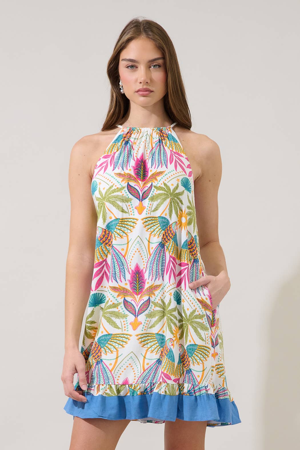 Malena Halter Ruffle Mini Dress Tropical: Multi
