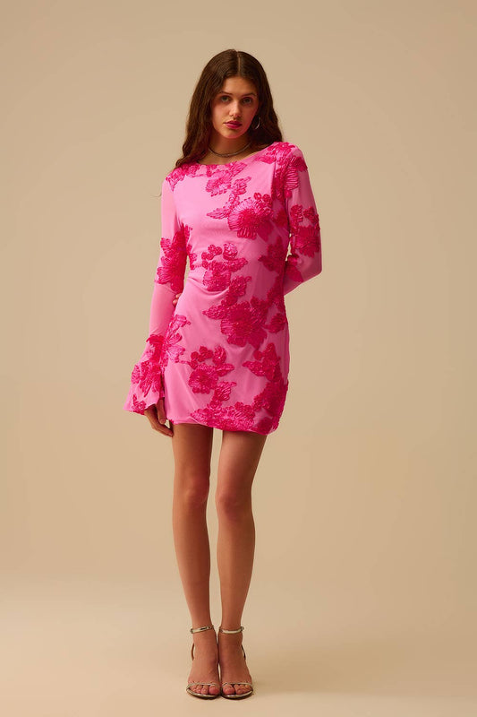 Fuchsia chiffon mini dress with floral brocade: PINK / S