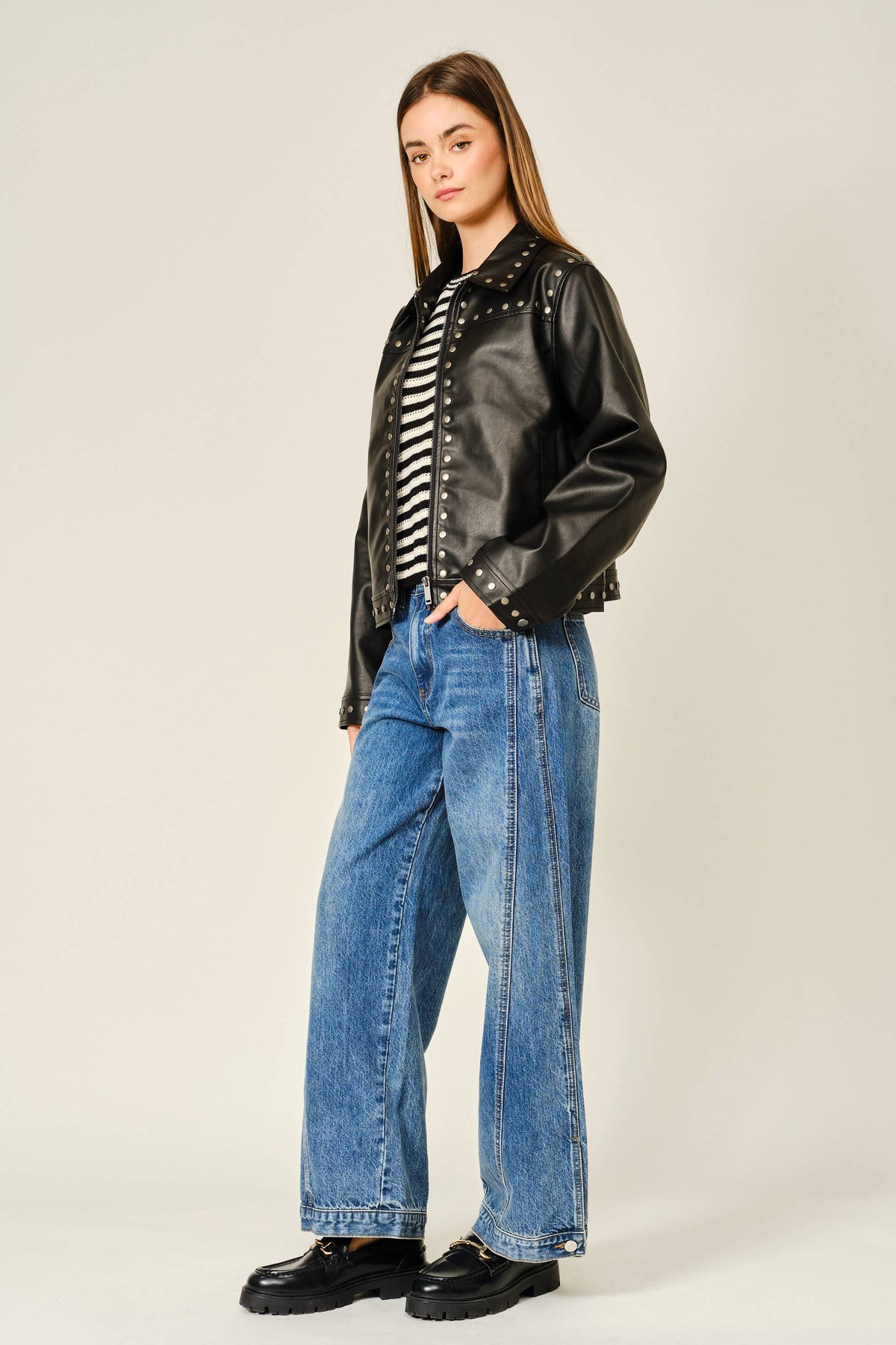 STUDDED VEGAN LEATHER JACKET: BLACK