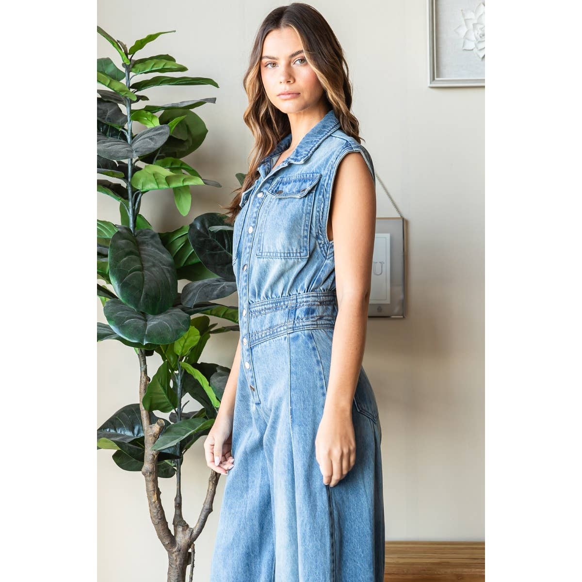 Denim Button Down Sleeveless Jumpsuit: Medium Wash