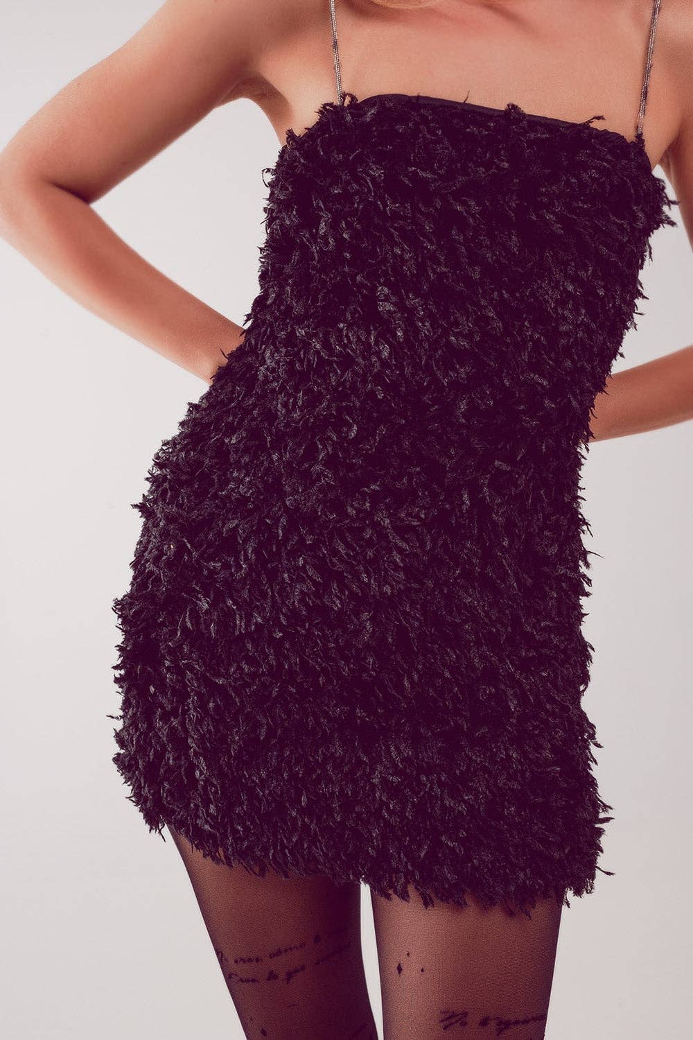 All over faux feather sleeveless mini dress in black: Black