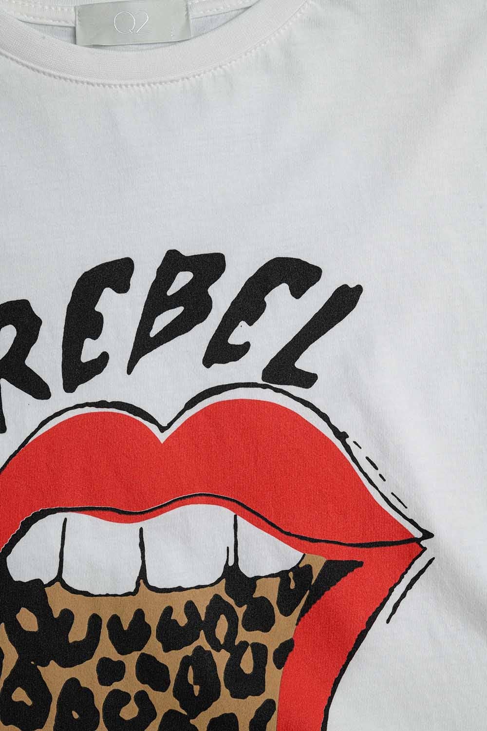 Relaxed White T-shirt With Rebel and Lips Graphic Print