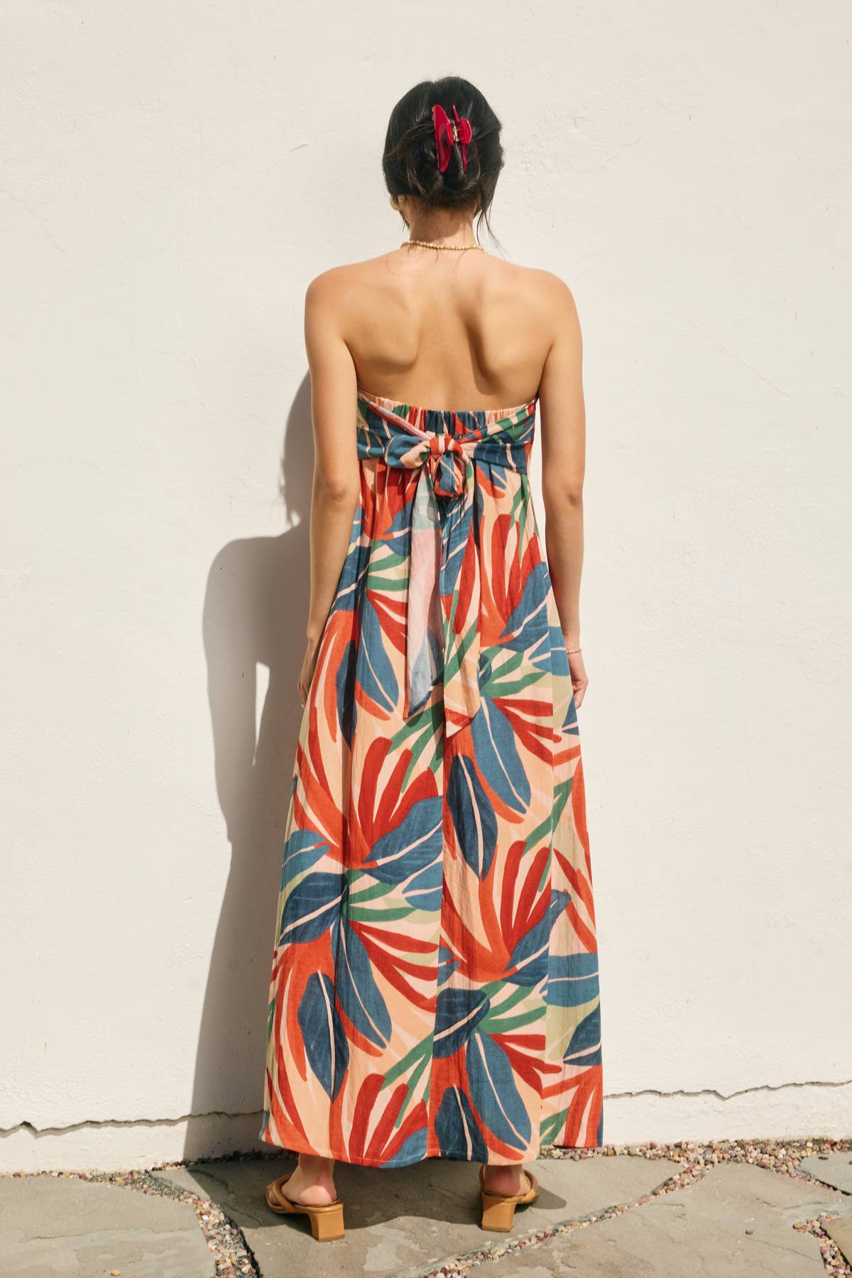 Tropical Leaf Strapless Tie Back Maxi Dress: SUN ORANGE PALM