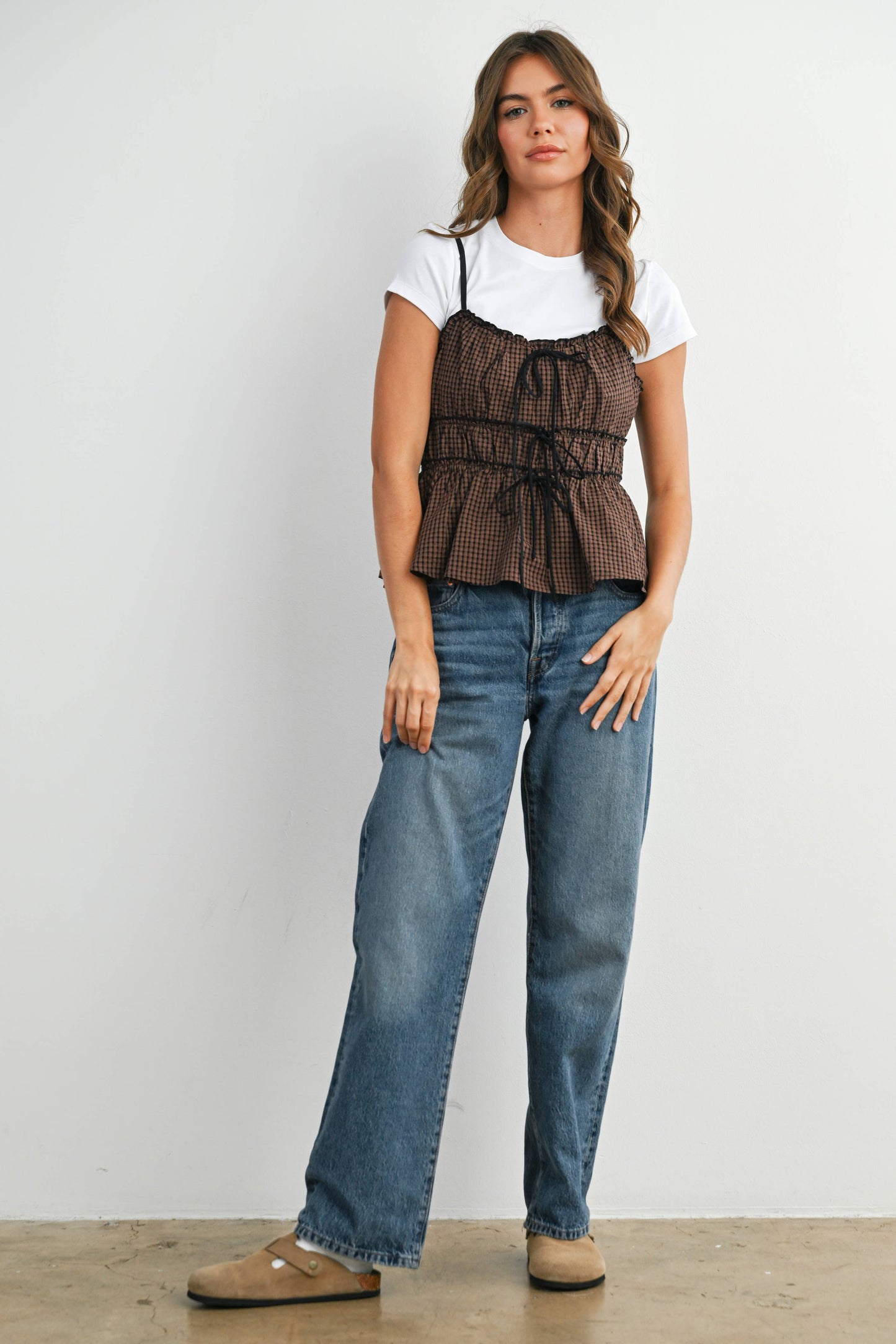 Tie-Front Cami Top - BMT7876: BROWN MULTI