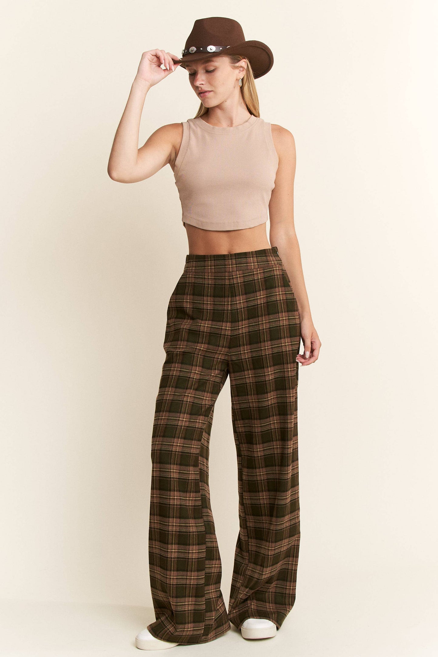 PLAID WIDE LEG SOFT DRESS PANTS: OLIVE/MOCHA